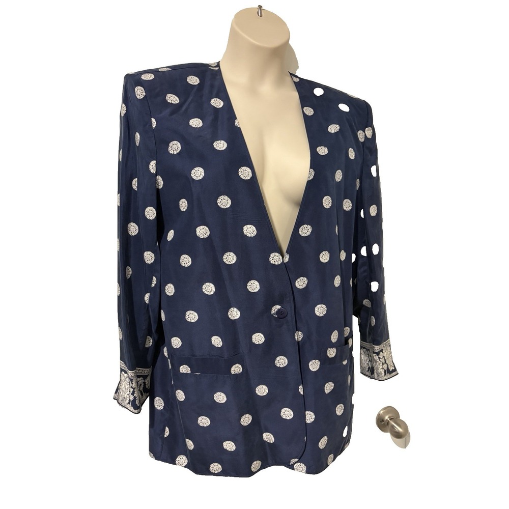Vtg Diane Gilman 100% Silk Navy Jacket~L~Polka Dot Medallion Print Washable Silk